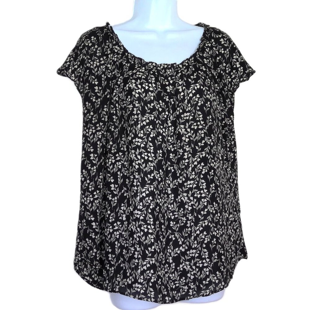 LC Lauren Conrad Floral Top Black & Cream Flowy Blouse Scoop Neck Tie Sz XL